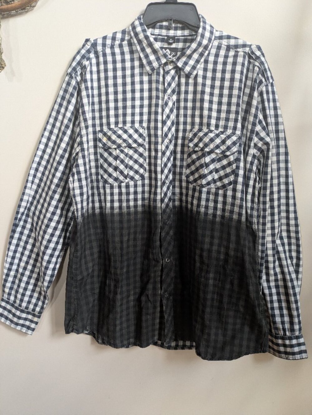 Custom rags cotton shirt plaid black white snap button up size XL #466